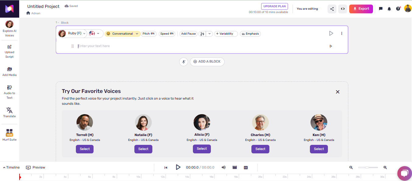 Screenshot of Murf.ai's text-to-speech editor studio
