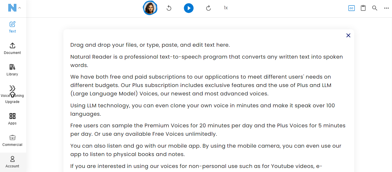 A screenshot of the NaturalReader online text-to-speech tool with its accessibility features.
