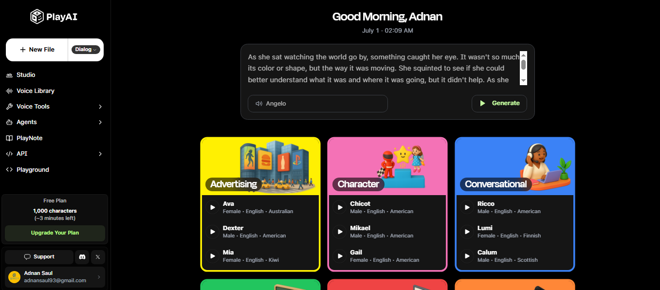 A screenshot of the Play.ht text-to-speech editor with voice and language selection options.